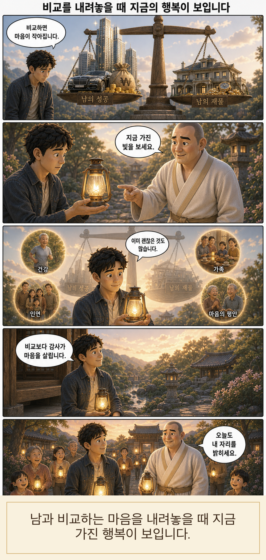 비교를 내려놓을 때 지금의 행복이 보입니다 카툰