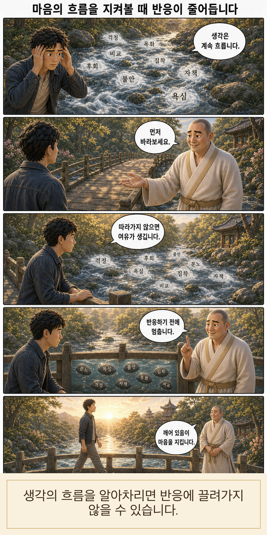 마음의 흐름을 지켜볼 때 반응이 줄어듭니다 카툰