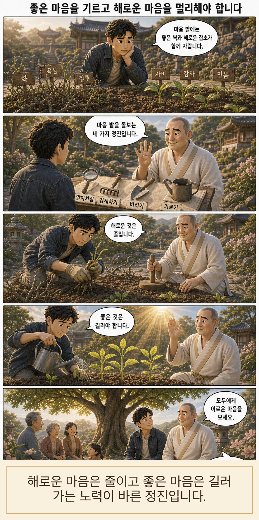 좋은 마음을 기르고 해로운 마음을 멀리해야 합니다 카툰