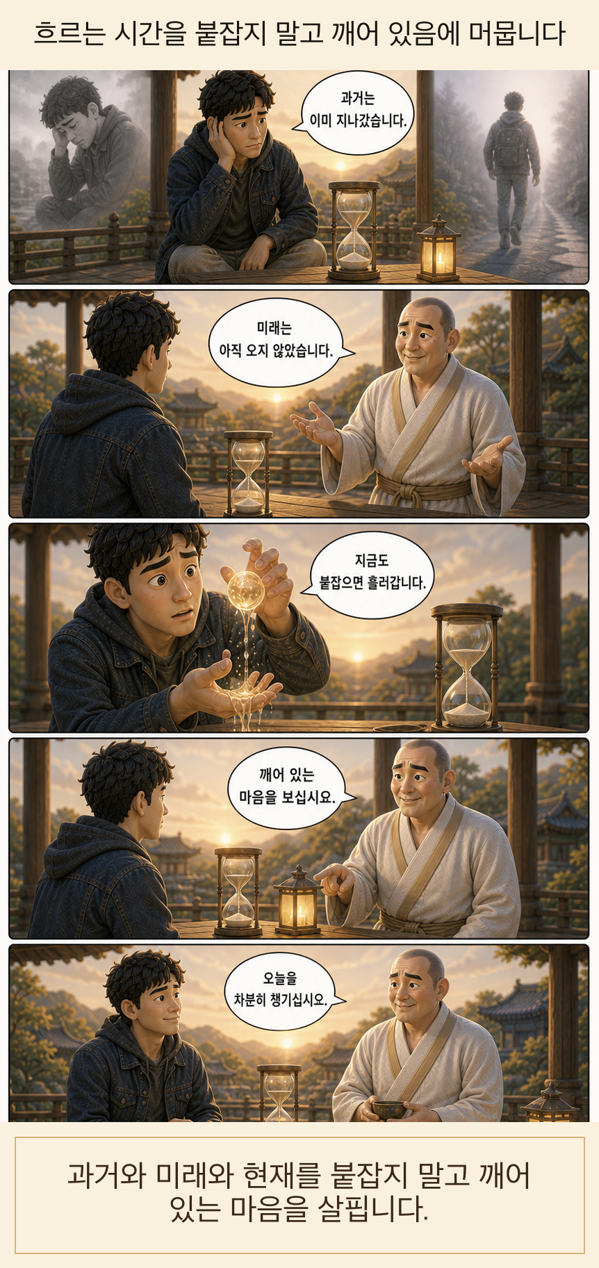 흐르는 시간을 붙잡지 말고 깨어 있음에 머뭅니다 카툰
